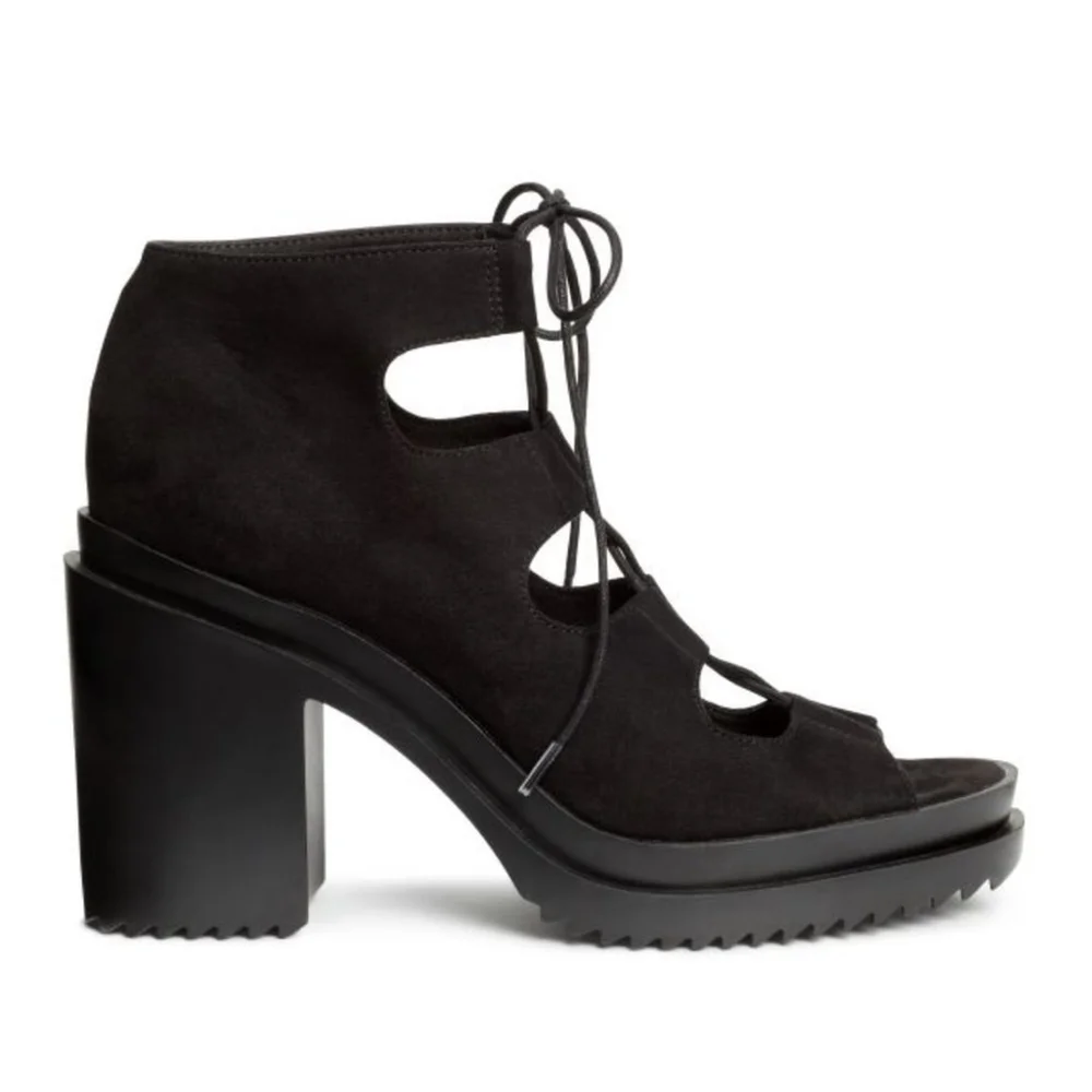 H&M Coachella Boho Black Suede Lace Up Platform Sandals Size 8 - Picture 4 of 13